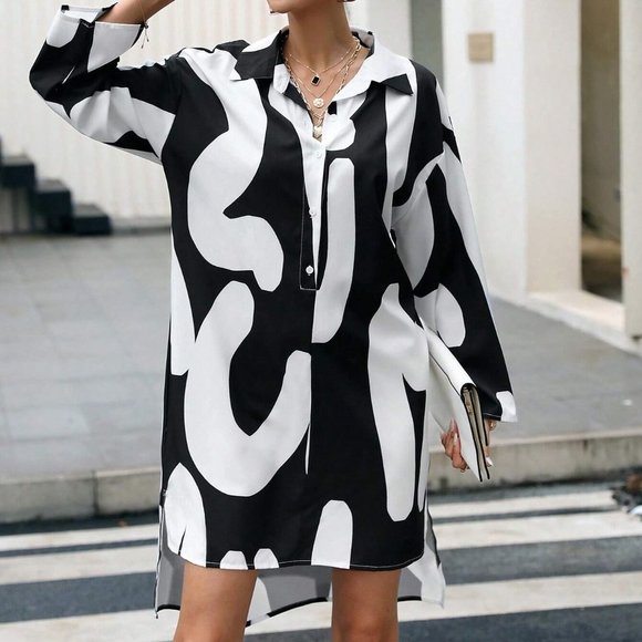 Black & White Preppy Womens Graphic Print Split Hem Shirt Dress - Picture 4 of 5